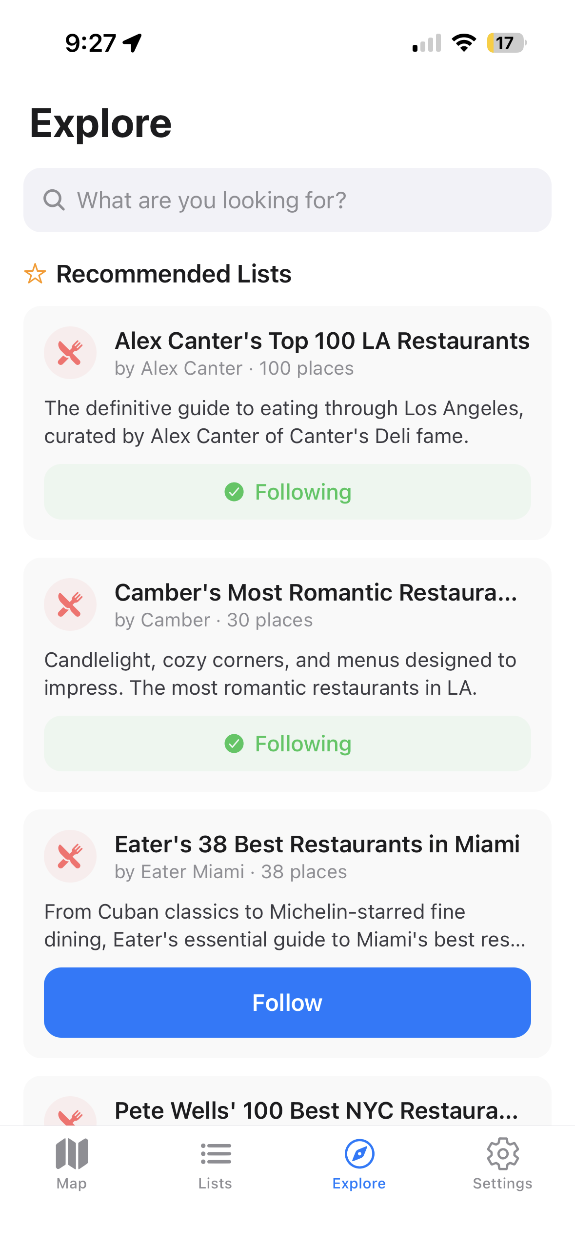 Explore tab with curated restaurant lists