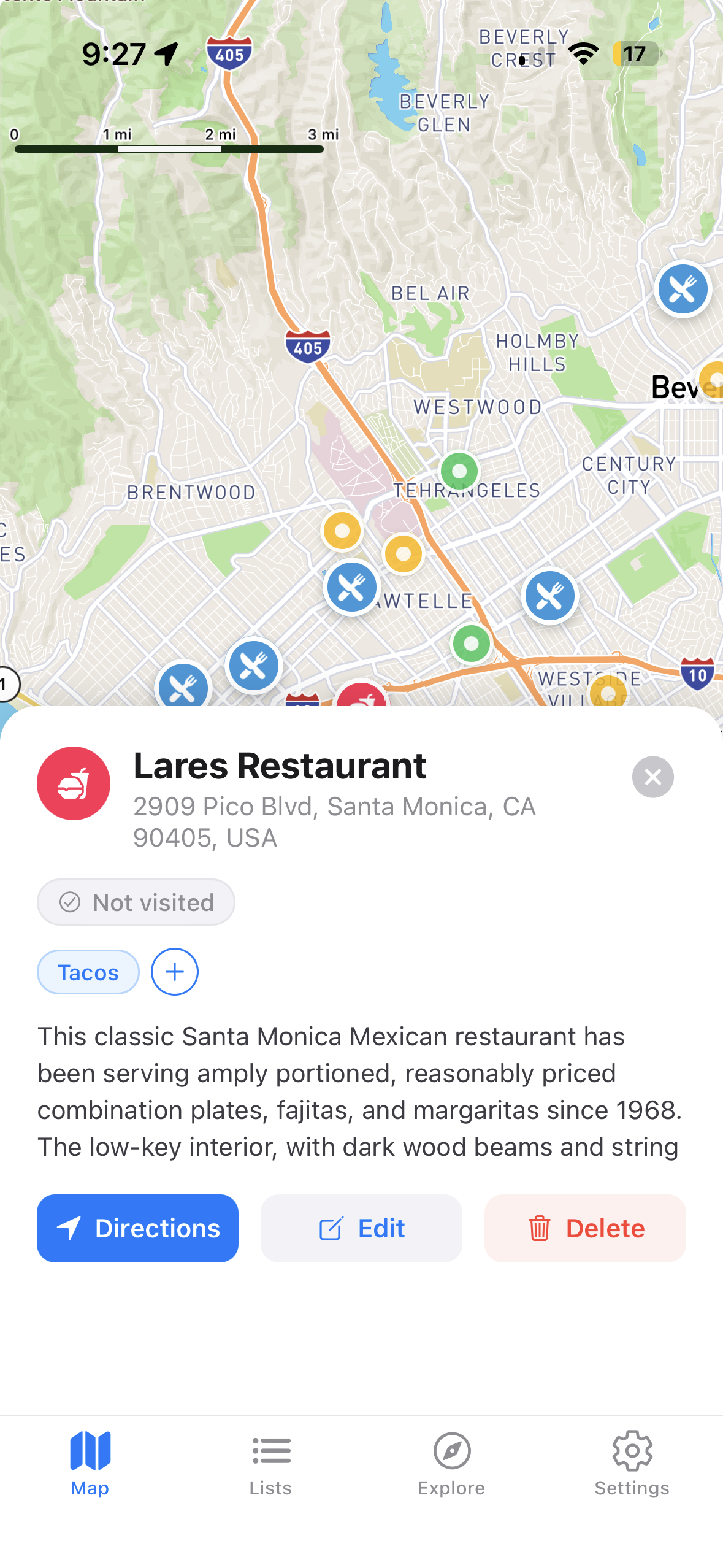 Place detail card with tags, notes, and directions
