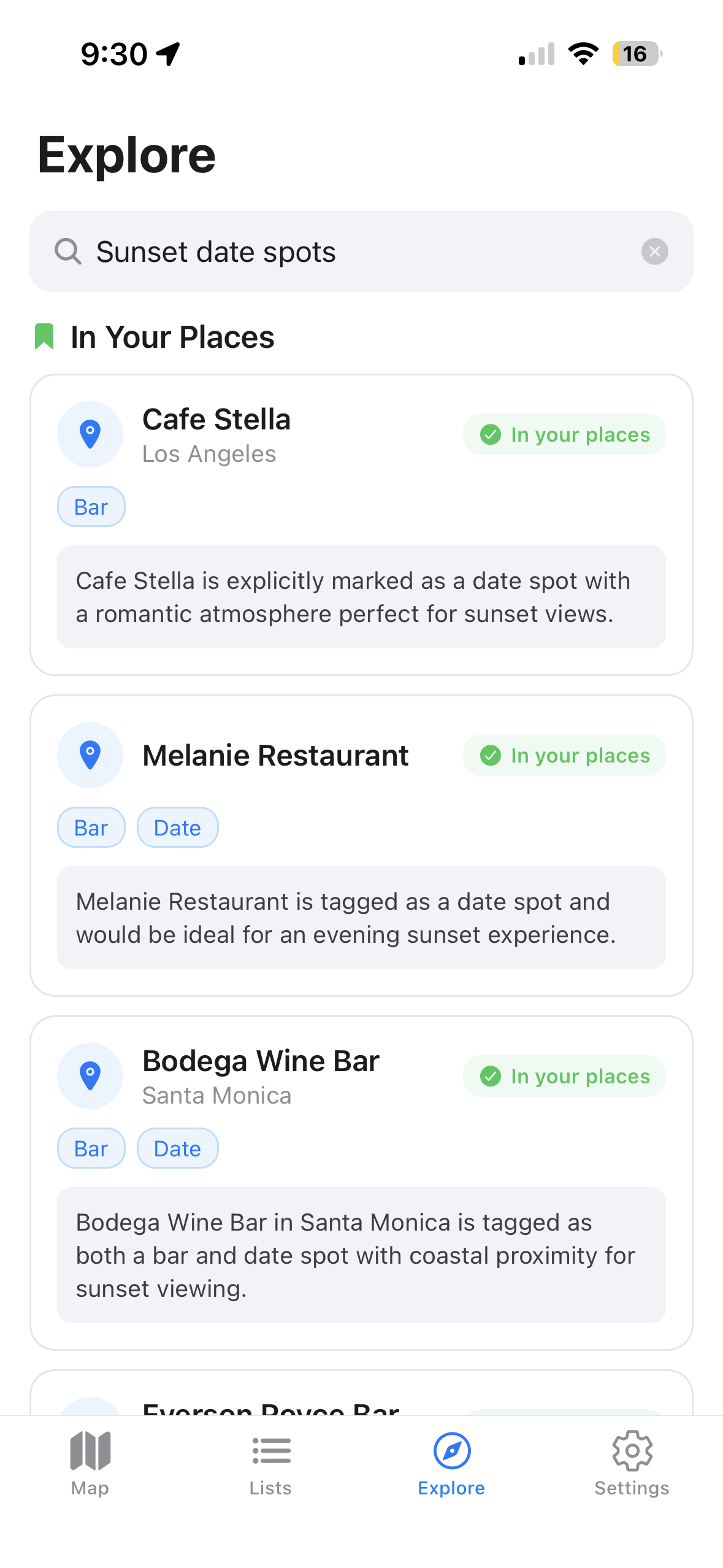AI search results for sunset date spots